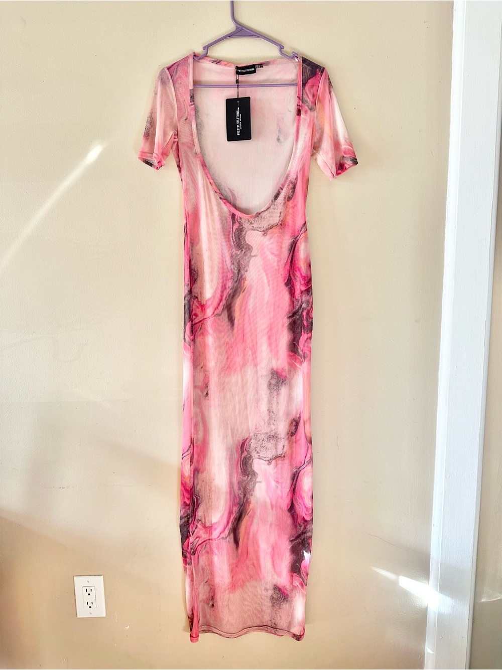 NWT PrettyLittleThing Pink Acid Mesh Maxi Swim Coverup Dress, US Sz 6